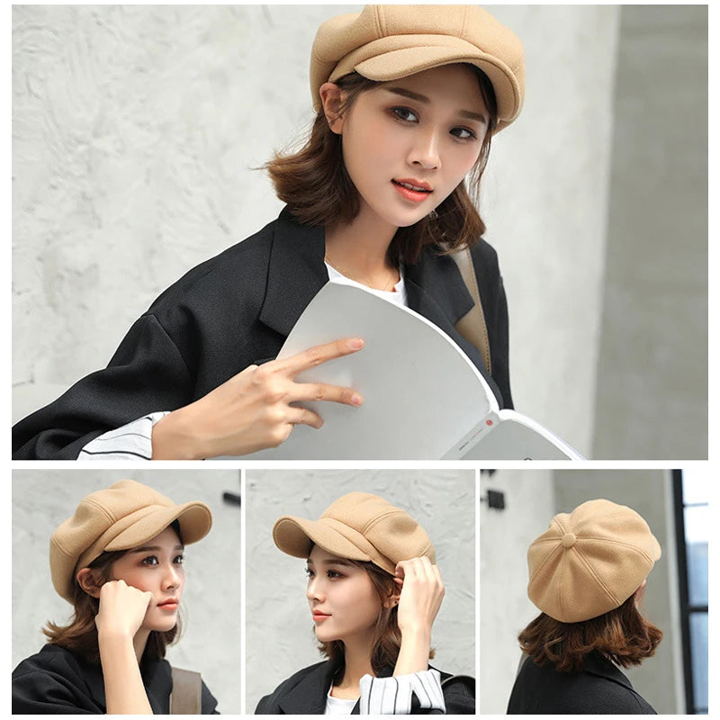 Woolen Octagonal Beret Hat for Women - Autumn/Winter Style