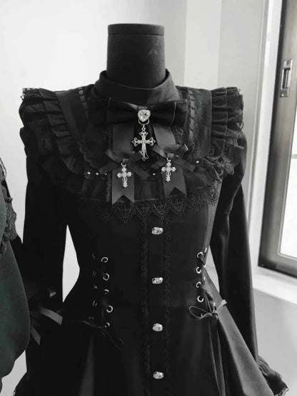 2025 Autumn Gothic Lolita Dress Sweet Heart Black Bow - Elegant Long Sleeve Short Dress with Lace Trim Slim Fit Waist for Women
