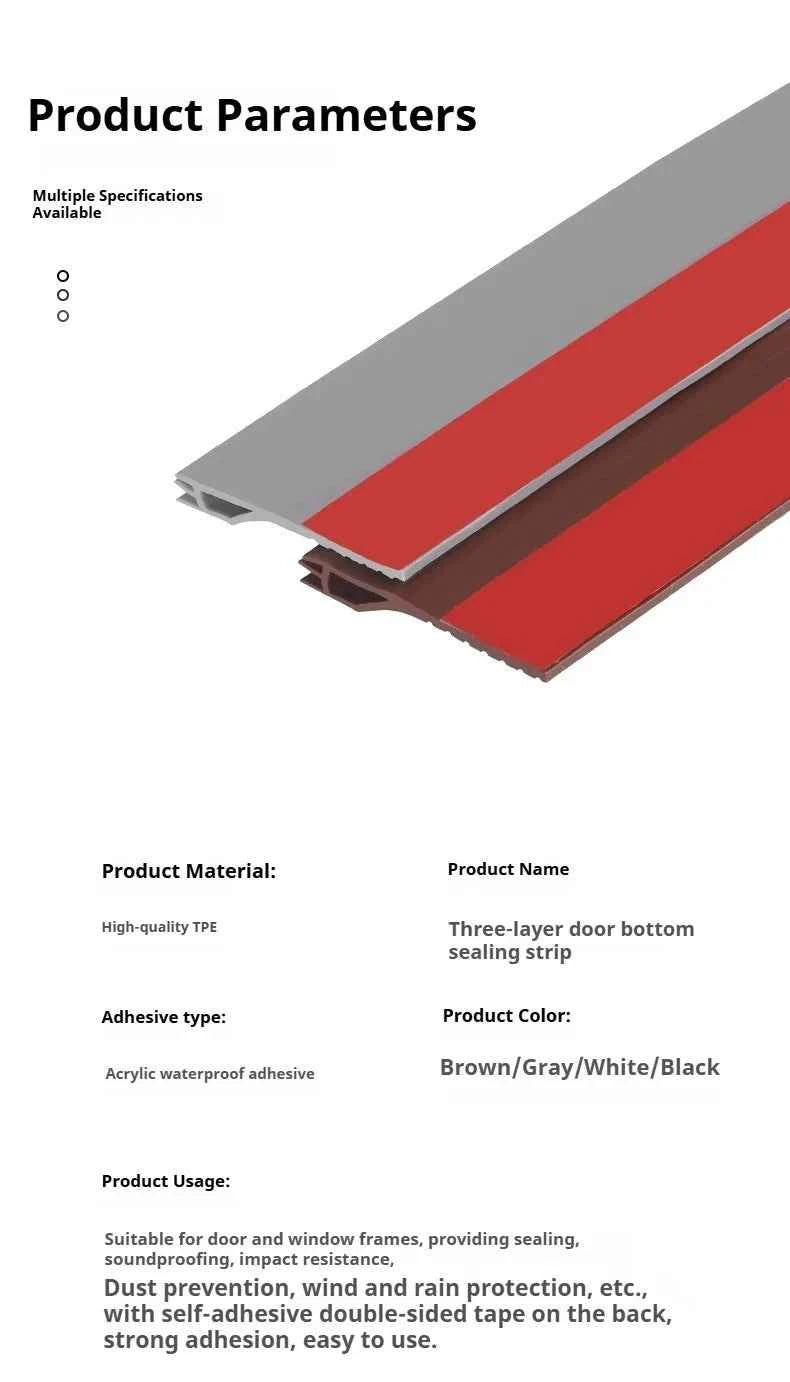 1M TPE Door Bottom Gap Sealing Strip Self-adhesive 3-layer Windproof Anti-Cold Noise Reduction Wearproof Window Weather Strip