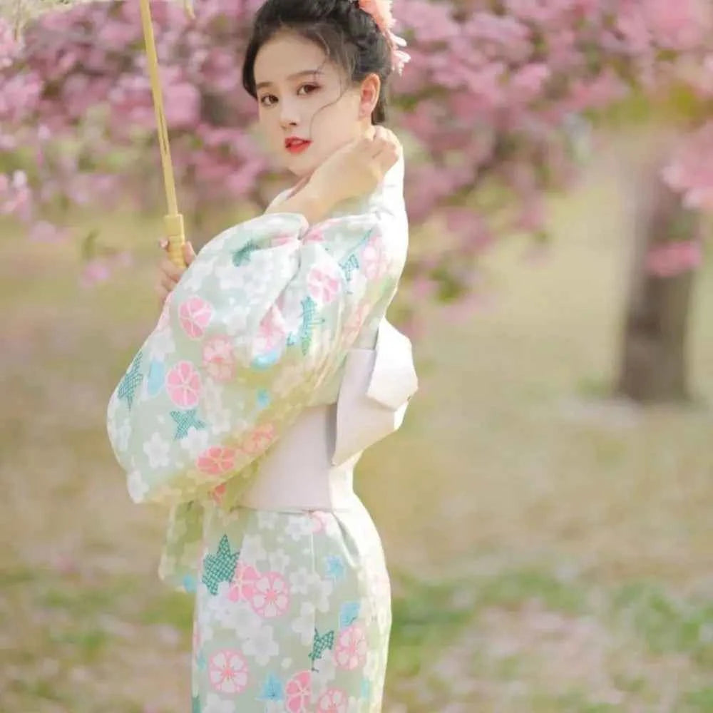 Printed Floral Traditional Japanese Kimono Elegance Asian Sakura Girl Kimono Dress Japanese Style New