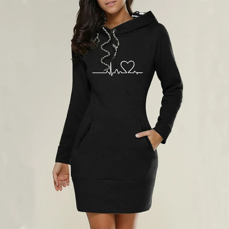 Winter New Fashion Women Long Sleeve Hoodie Dress with Pockets Solid Color Slim Fit Pullover Hoodies Sweatshirt Dress SS69