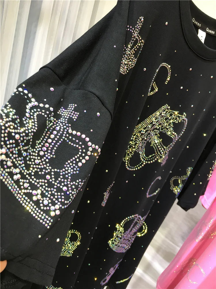 Oversized European top summer new fashion loose rhinestone diamond crown iron diamond women's short-sleeved T-shirt SS69