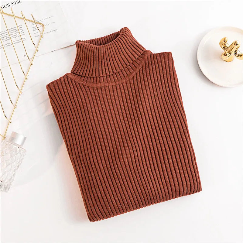 2025 Autumn Winter Women Long Sleeve Knitted Foldover Turtleneck Ribbed Pull Sweater Soft Warm Femme Jumper Pullover Clothes SS69 13.69 One Size / Caramel