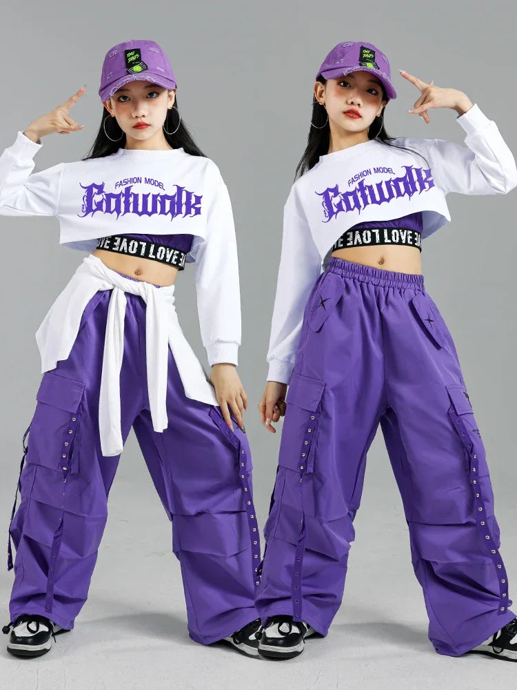 Girls K-Pop Street Dance Outfit: Purple Crop Top & Cargo Pants