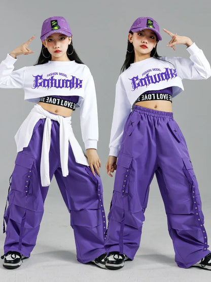 Children Street Dance Outfits Kids Streetwear Group Jazz Clothes Sets Hip Hop Girls Fashion K-pop Crop Top Purple Cargo Pants