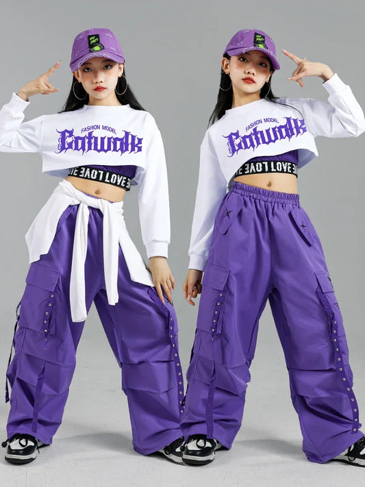 Children Street Dance Outfits Kids Streetwear Group Jazz Clothes Sets Hip Hop Girls Fashion K-pop Crop Top Purple Cargo Pants