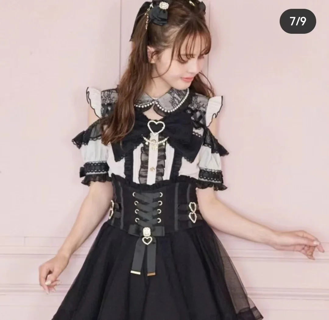 Japanese Liz Mine Women's Shirt Summer Off Shoulder Big Bow Short Sleeve Top Cute Girl BlousesHigh Waist Skirt 2 Piece Skirt Set SS69