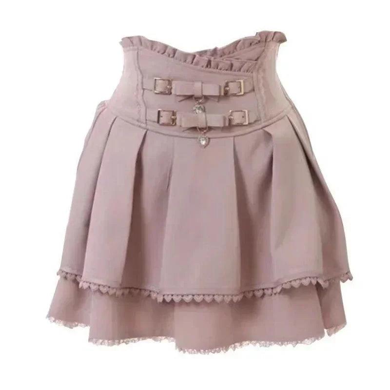Japanese Kawaii Mini Cake Skirts Womens Jupe Fairy Bandage Lolita High Waist Y2k Aesthetic Sweet Lace Gothic JK Faldas Skirt SS69