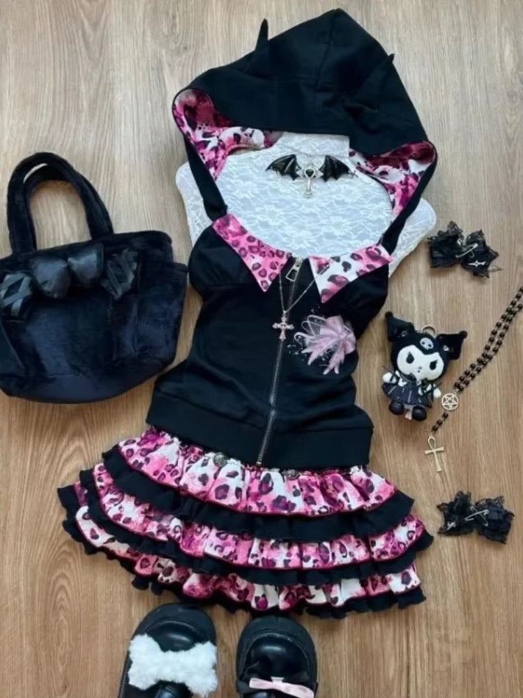Japanese Sweet Bow Slim Lolita Zipper Hoodie Tops Women+ High Waist Leopard Print Patchwork Cake Skirts Y2K Skirt 2 Piece Sets SS69