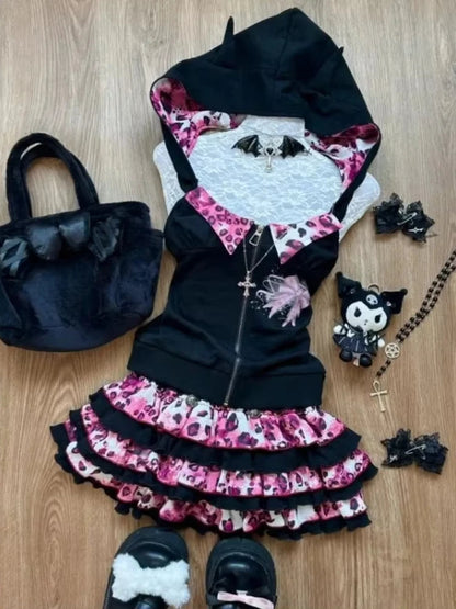 Japanese Sweet Bow Slim Lolita Zipper Hoodie Tops Women+ High Waist Leopard Print Patchwork Cake Skirts Y2K Skirt 2 Piece Sets SS69