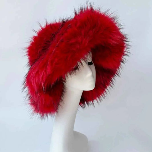 Luxury Fluffy Women Faux Fur Bucket Hats Oversized 17cm Wide Brim Thicken Outdoor Warm Plush Punk Hat Girl Y2k Female Ski Panama