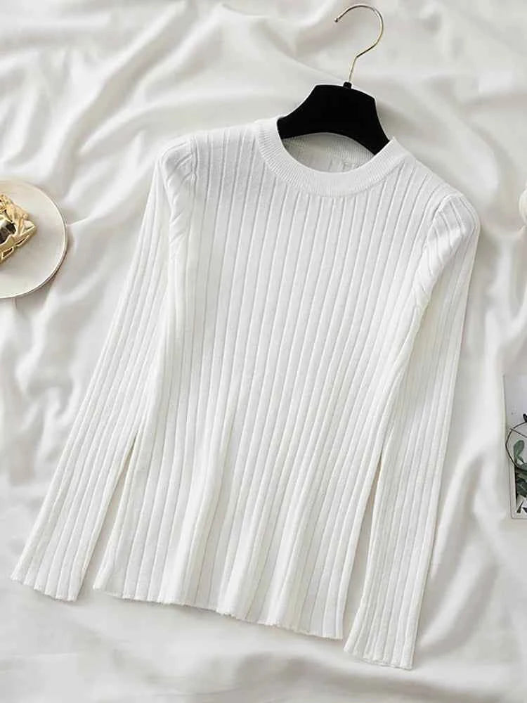 Women Pullovers Sweaters Knit Soft Jumper tops New Autumn Winter Tops O-Neck Ribbed Long Sleeve Korean Slim-fit Female Sweater