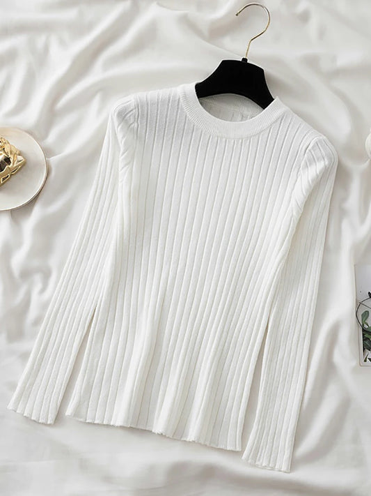Women Pullovers Sweaters Knit Soft Jumper tops New Autumn Winter Tops O-Neck Ribbed Long Sleeve Korean Slim-fit Female Sweater
