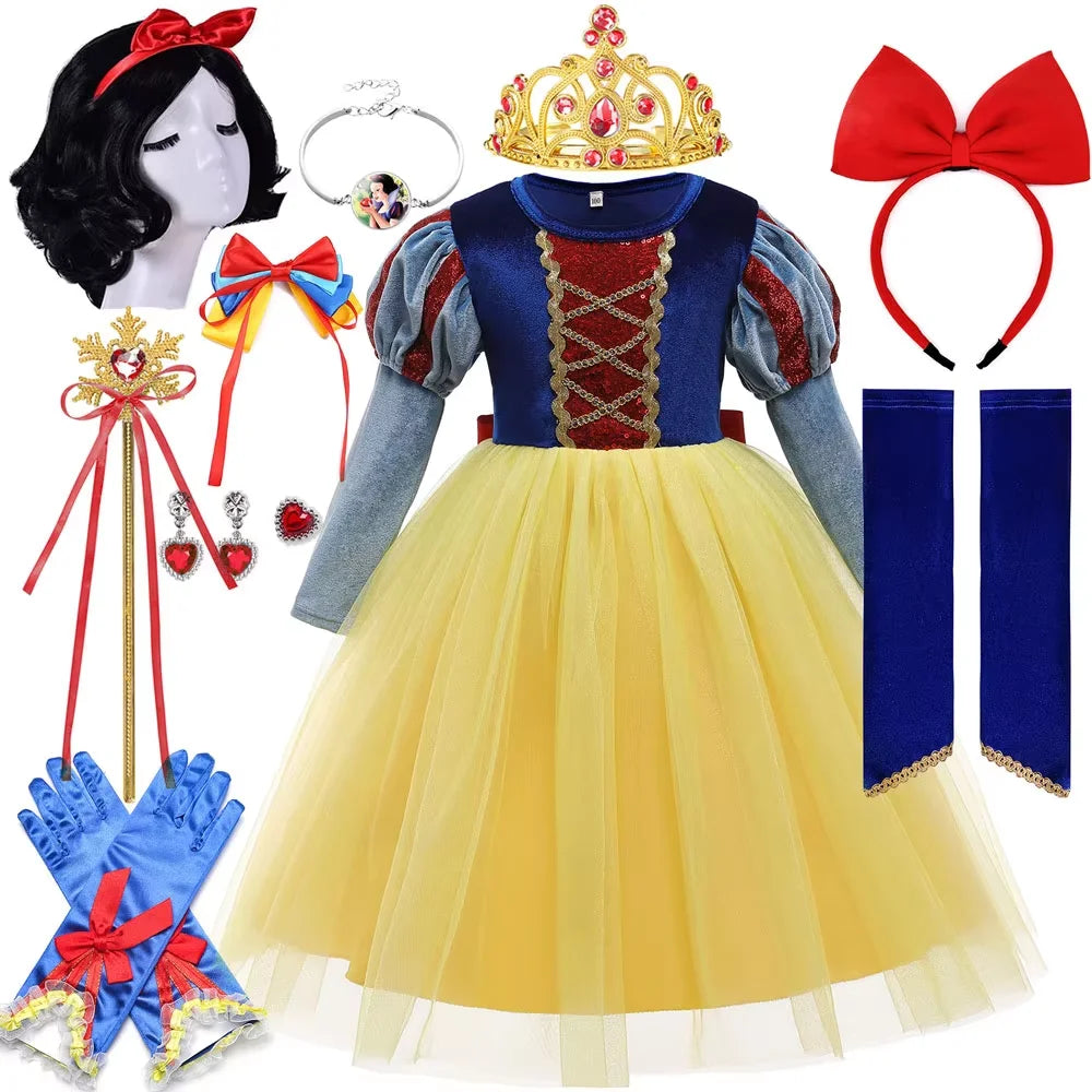 Disney Halloween New Movie Snow White Princess Dress Girl Cosplay Yellow Snow White Party Yellow Stripe Dress Accessories Suit