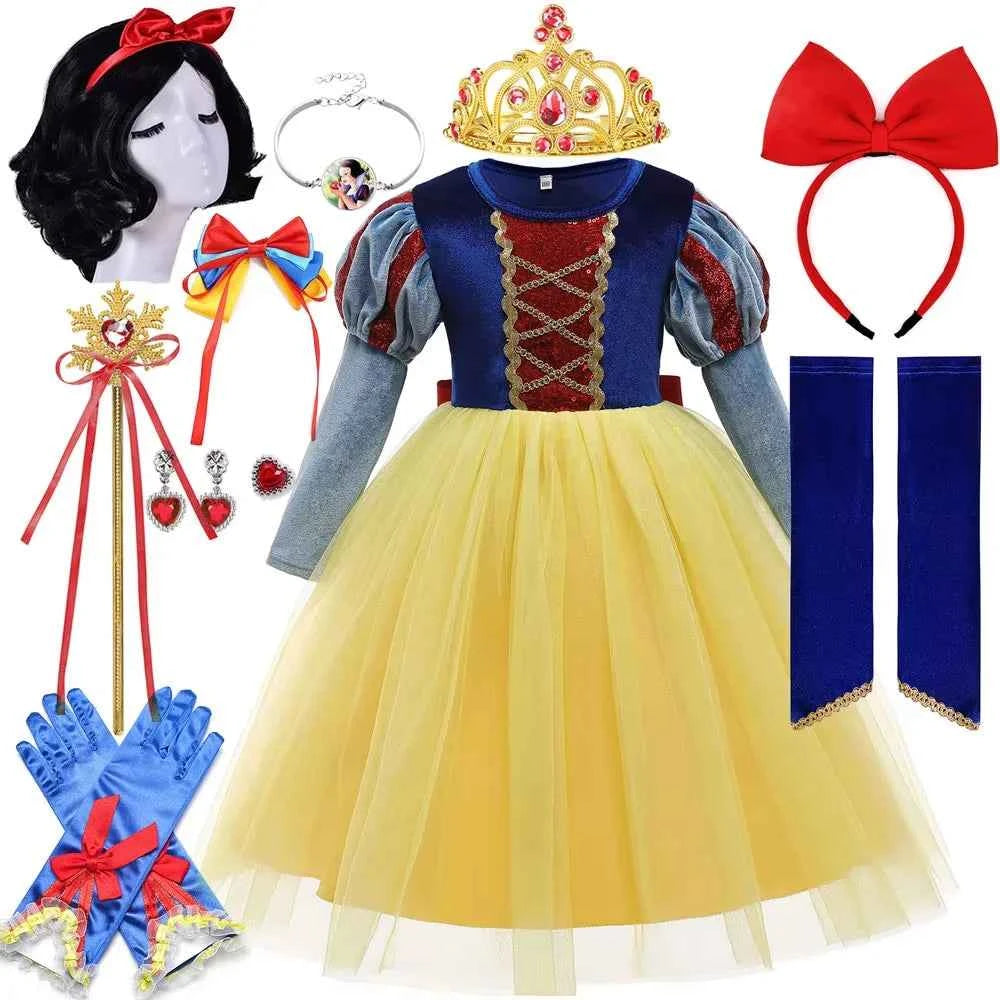 Disney Halloween New Movie Snow White Princess Dress Girl Cosplay Yellow Snow White Party Yellow Stripe Dress Accessories Suit