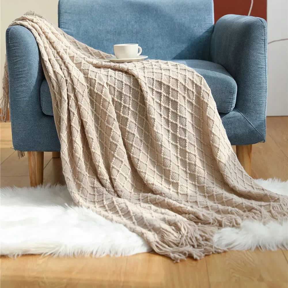 Handmade Crochet Knit Throw Blanket with Tassels, 100% Acrylic