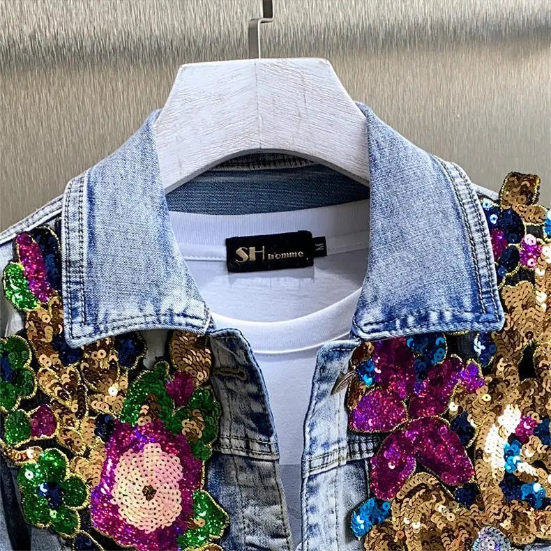 Retro Diamonds Embedding Floral Embroidery Denim Coat Spring Flowers Sequins Appliques Slim Jeans Jacket Cowboy Cardigan Jaqueta SS69