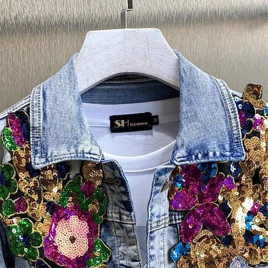 Retro Diamonds Embedding Floral Embroidery Denim Coat Spring Flowers Sequins Appliques Slim Jeans Jacket Cowboy Cardigan Jaqueta SS69