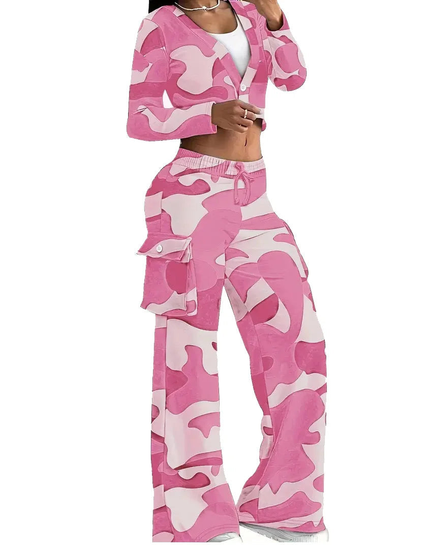 Camo Print Cargo Pants Sets Sexy Crop Tops & Elastic High Waist Wide Leg Trousers Women's Two Pieces Set Casual SweatOutfits SS69