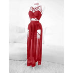 AltGoth Gothic Nightclub Sexy Skirt Set Women See Through Mesh Backless Crop Tops Emo Alt Punk High Waist Underpants Skirt 3pcs
