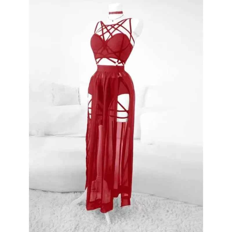 AltGoth Gothic Nightclub Sexy Skirt Set Women See Through Mesh Backless Crop Tops Emo Alt Punk High Waist Underpants Skirt 3pcs