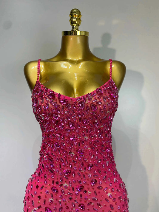 Luxury Rhinestones Sexy Mesh See Through Bodycon Dress Women Birthday Evening Cocktail party Gown Red Carpet Club Stage Outfit