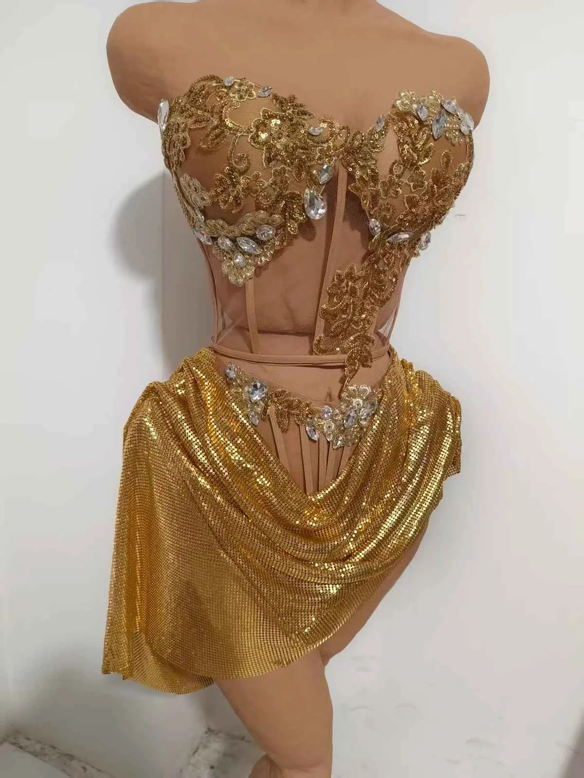 Draped sequins Skirt 2 Piece Women Gold Rhinestone Corset Outfit Sparkly Crystal Stage Costume Club Party Bar Performance Dance