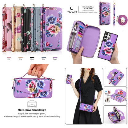 Phone Case Smartphone Android Cases Samsung Galaxy S25 Ultra Accessories Magsafe Wallet Luxury Lanyard Leather Zipper Flower Bag SS69