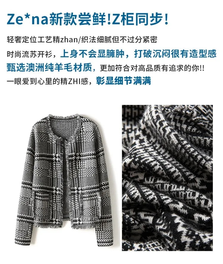 Houndstooth Plaid Fringed Cashmere Sweater for Women, Small Knitted Wool Cardigan, Loose Plaid Coat