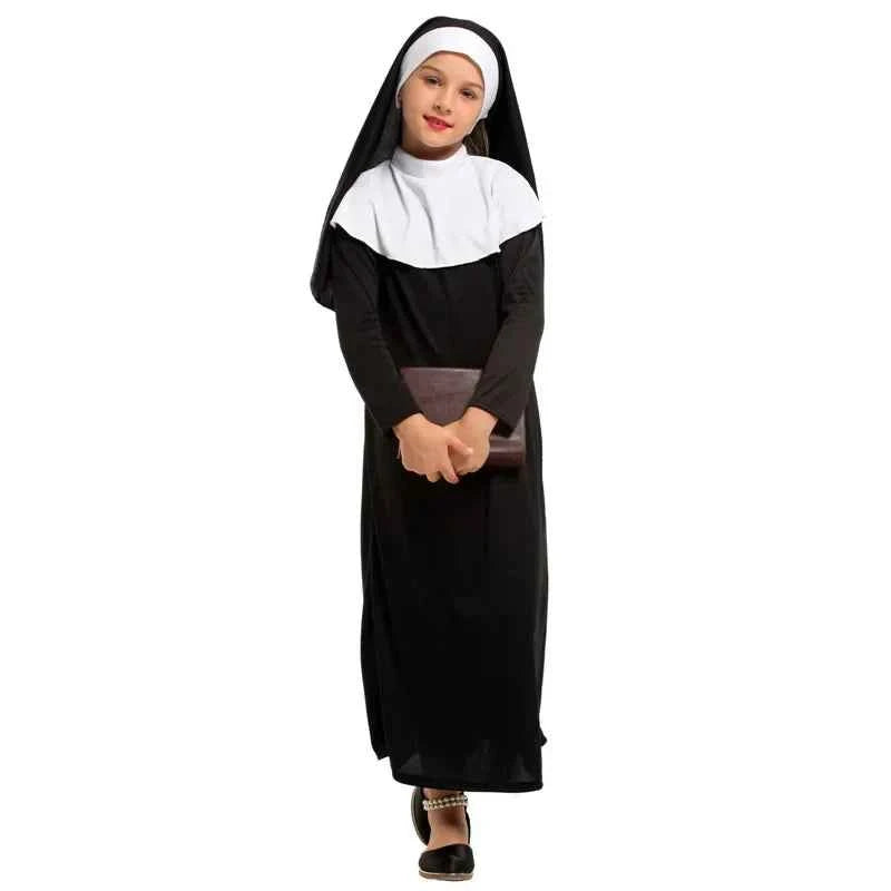 Girls Black Nun Costume Child Halloween Catholic Religion Missionary Fantasy Fancy Dress for Book Week Purim Party
