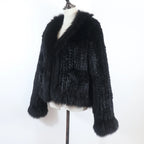 New Women Autumn Winter Knitted Real Rabbit Fur Coat 100% Natural Rabbit Fur Jacket With Fox Fur Collar Overcoat For Female