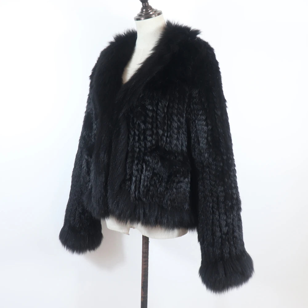 New Women Autumn Winter Knitted Real Rabbit Fur Coat 100% Natural Rabbit Fur Jacket With Fox Fur Collar Overcoat For Female