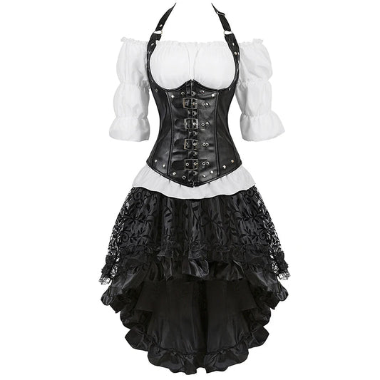 Brown Pirate Dress Plus Size Faxu Leather Steampunk Corset Dress with Shoulder Off Blouse Cosplay Pirate Costume for Women SS69