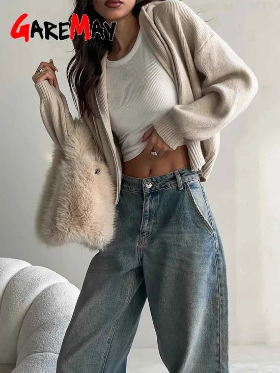 Autumn Knitted Women's Short Cardigan with Zipper Gray Winter Sweater Casual Cute Vintage White Cardigan for Women with Hood