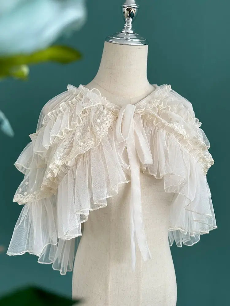 Women's Lace Mesh Short Shawl Poncho - Open Front Ruffled Collar