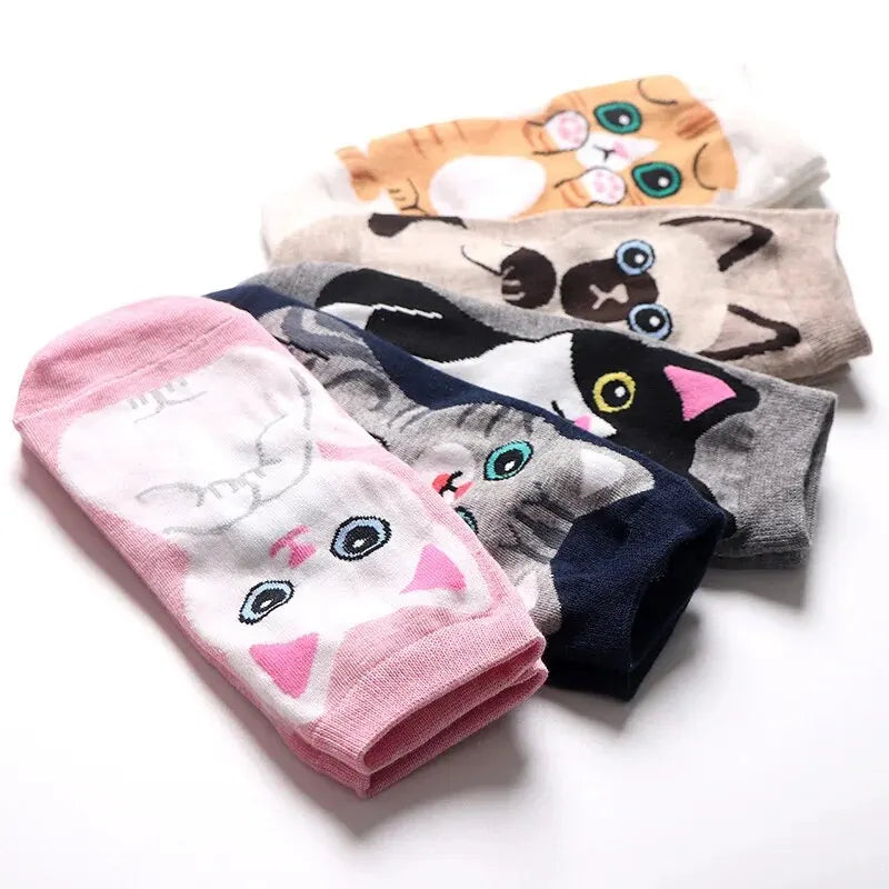 5 Pairs/Set Women's Cartoon Cute Cat Ankle Socks Breathable Perfect for Everyday Fashion SS69