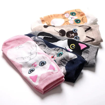 5 Pairs/Set Women's Cartoon Cute Cat Ankle Socks Breathable Perfect for Everyday Fashion SS69
