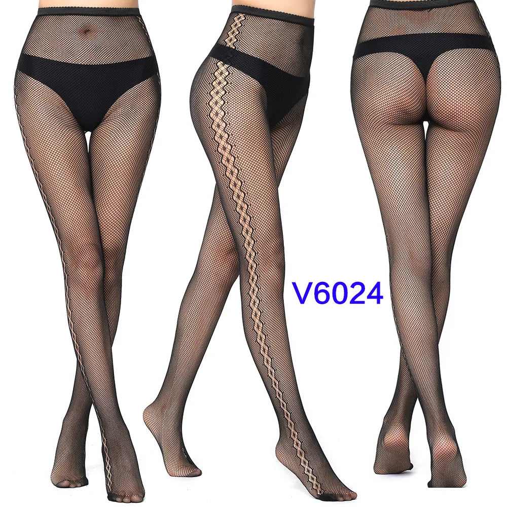Women's Sexy Hollow Jacquard Fishnet Tights Stockings Floral Lace Thigh High waist Pantyhose Nightclub Garter Hot Wind Stocking SS69 8.69 A-2-4 V-6024