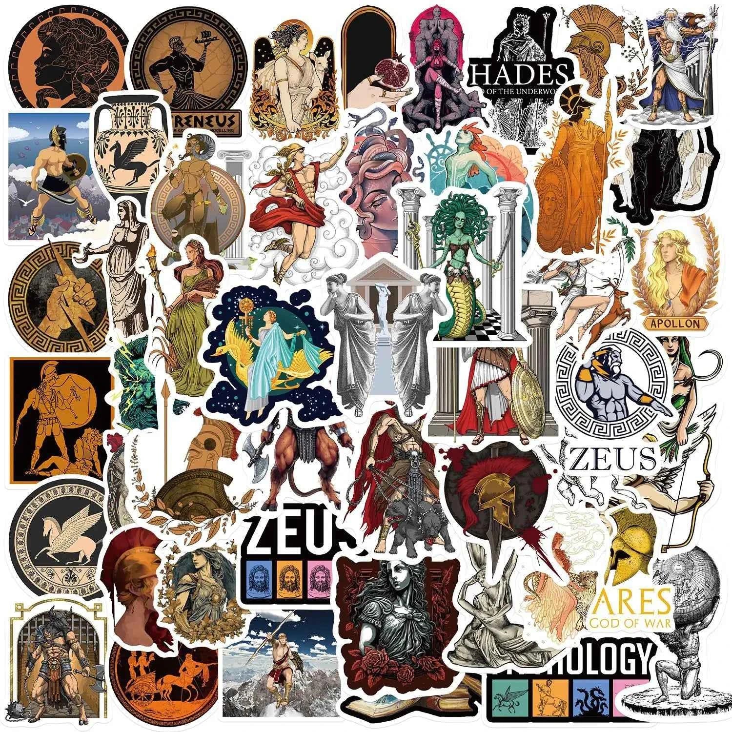 A collection of Greek mythology waterproof vinyl stickers featuring gods, heroes, and monsters.