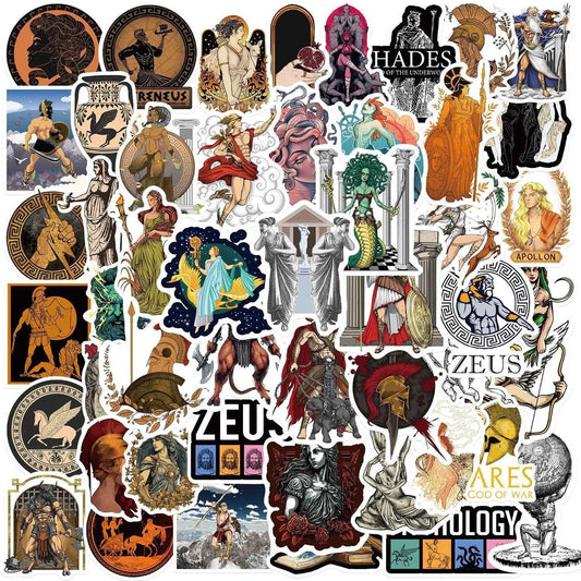 A collection of Greek mythology waterproof vinyl stickers featuring gods, heroes, and monsters.