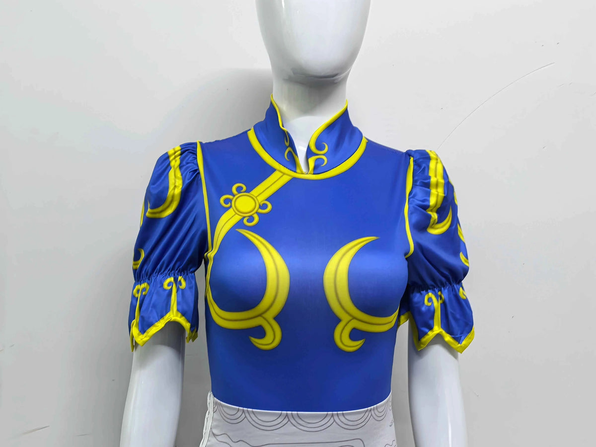 Women's Street Fighter Chun Li Cosplay Costume Game Fighter Chunli Blue Cheongsam with Headdress and Waistband Halloween Costume