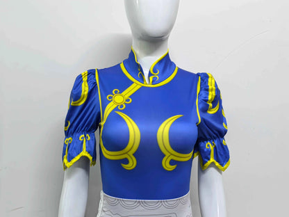 Women's Street Fighter Chun Li Cosplay Costume Game Fighter Chunli Blue Cheongsam with Headdress and Waistband Halloween Costume