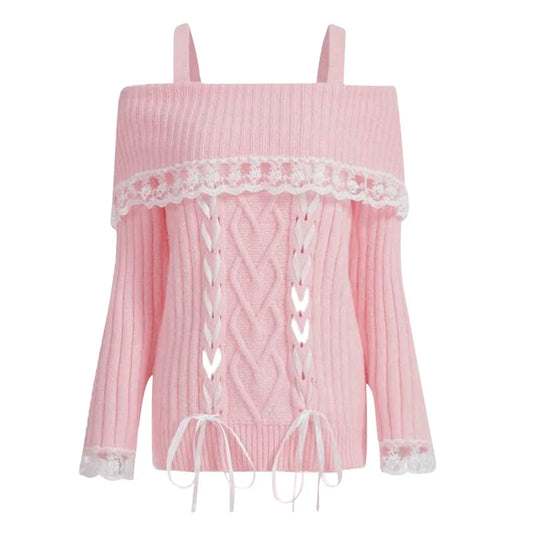 Pretty Cute Outfits Harajuku Cosplay Sweater Kawaii Lace Trim Off Shoulder Pullovers Y2K Aesthetic Vintage Long Sleeve Jumpers SS69 19.69 Type 6 / L