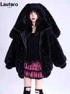 Lautaro Autumn Winter Sweet Cute Lovely Warm Thick Soft Black Faux Fur Coat Women Bunny Ears Fuzzy Fluffy Jacket Hoodie 2023