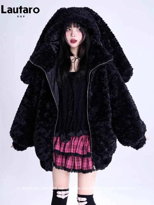 Lautaro Autumn Winter Sweet Cute Lovely Warm Thick Soft Black Faux Fur Coat Women Bunny Ears Fuzzy Fluffy Jacket Hoodie 2023
