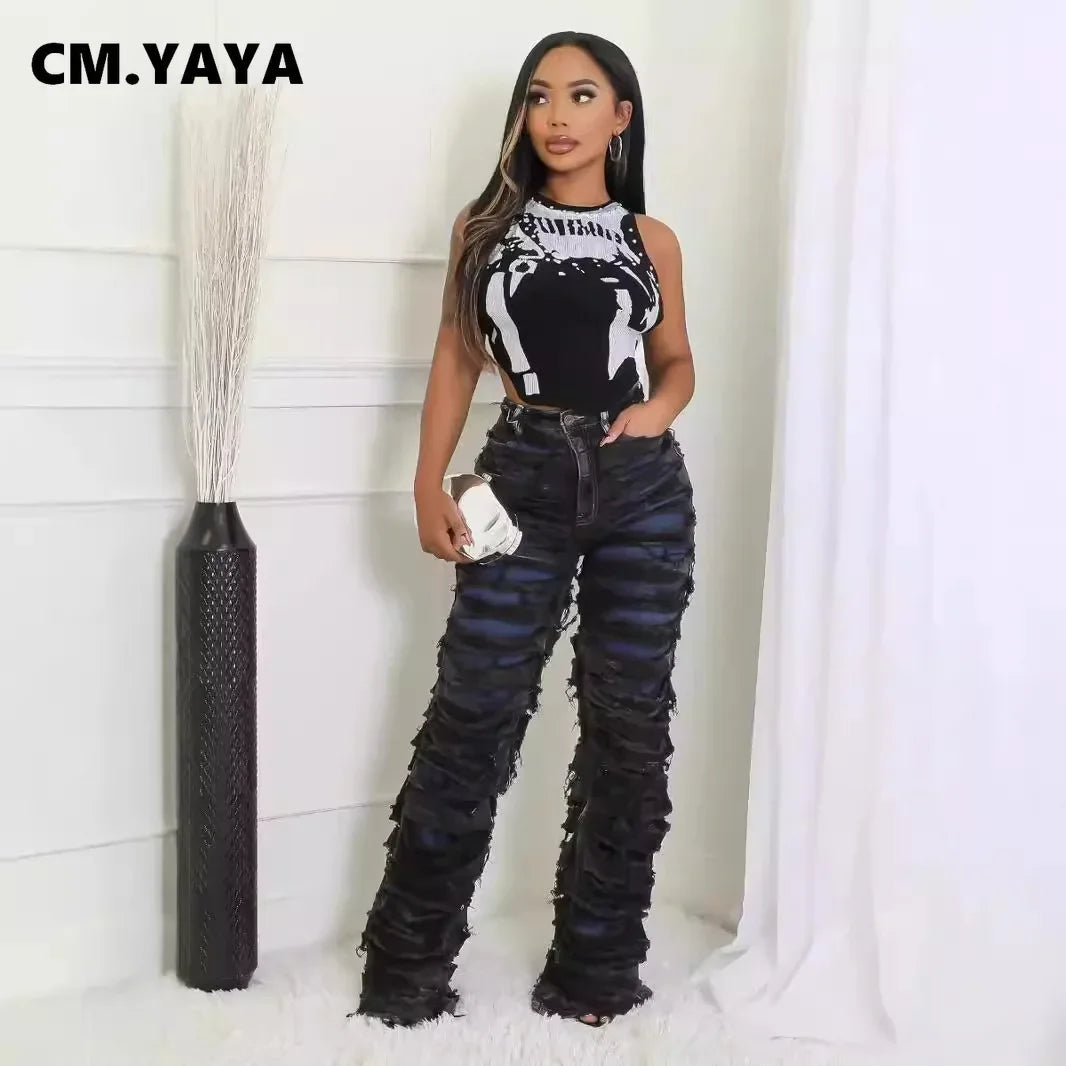 CM.YAYA Street Denim Pants Women Ripped Out Striped High Waist Zipper Jeans 2024 Fall Trousers Streetwear Straight Party Pants SS69