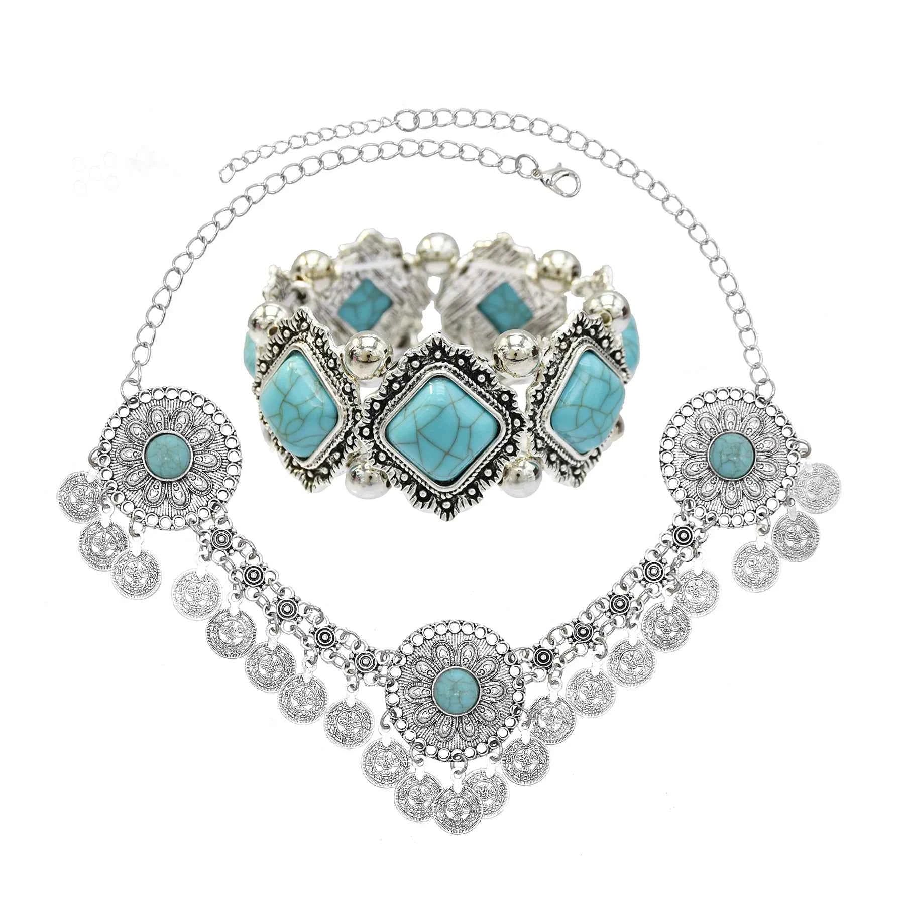 Traditional Kazakhstan Ethnic Coins Bracelet Hair Accessories  for Women Vintage Nepalese Tibetan Clothing Headwear Jewelry Set