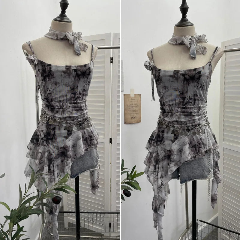 Women's Vintage Tie-dye Printed Mesh Spaghetti Strap Camisole Hot Girl Irregular Ruffled Ribbon Sleeveless Top Partyclub 1185