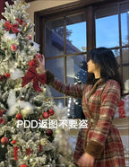 Women's Double Breasted Plaid Coat, Woolen Jacket , V-Neck, Loose Tops, Female Clothes, Sweet, New, Autumn, Winter