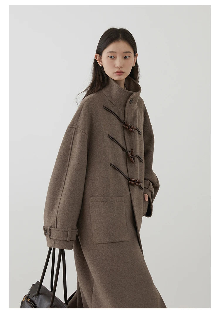 CHIC VEN Women Long Woolen Coats Single Breasted Loose Stand Collar Cow Horn Buttoned Office Ladies Overcoat Autumn Winter 2026